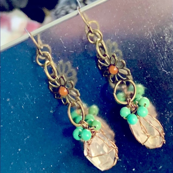Quartz & Turquoise Brass Flower Earrings - Picture 13 of 13